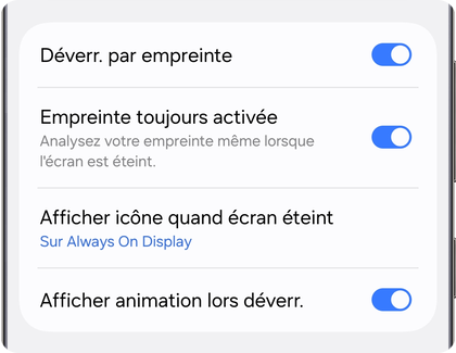 Écran des paramètres d’empreinte sur un Samsung Galaxy avec l’option Déverr. par empreinte activée.