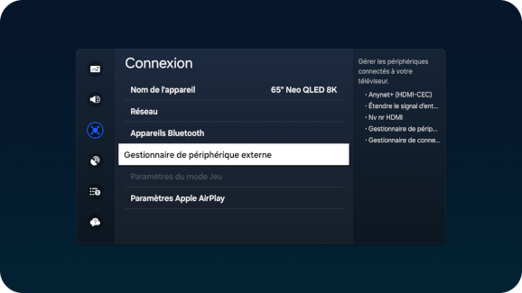 Capture d'écran du menu “Connexion” sur un téléviseur Samsung, avec l’option “Gestionnaire de périphérique externe” sélectionnée.