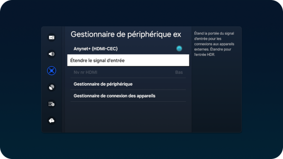 Capture d'écran affichant le menu “Gestionnaire de périphérique externe” sur un téléviseur Samsung, avec l’option “Étendre le signal d'entrée” sélectionnée.