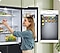 A Bespoke fridge is filled with fresh ingredients. A woman puts in an apple and AI Vision Inside detects the new inventory by scanning, as indicated by white lines.