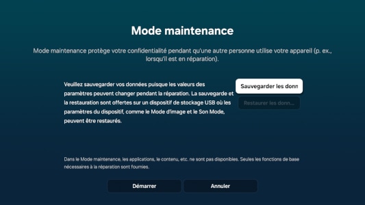 Écran du mode maintenance avec options pour 'Sauvegarder les données' et 'Restaurer les données'.