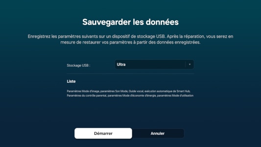 Écran 'Sauvegarder les données' affichant des options pour enregistrer les paramètres sur une clé USB. Il liste les éléments à sauvegarder et propose les options 'Démarrer' et 'Annuler'.
