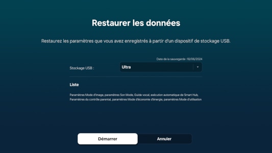 Écran 'Restaurer les données' montrant des options pour restaurer les paramètres sauvegardés depuis une clé USB, avec les boutons 'Démarrer' et 'Annuler' disponibles.