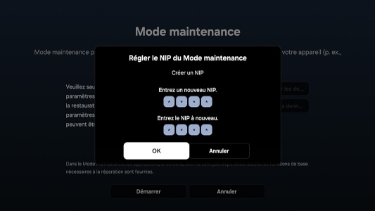 Écran de configuration du code NIP du mode maintenance avec des champs pour entrer et confirmer le code, et des boutons 'OK' et 'Annuler'.