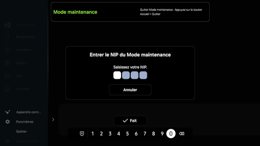 Écran de saisie du NIP en mode maintenance sur un téléviseur intelligent Samsung, avec un clavier numérique à l'écran pour entrer le NIP.