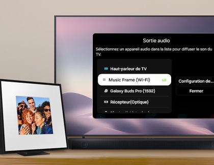 Capture d'écran du menu de sortie audio sur un téléviseur Samsung, montrant différentes options, dont le 'Music Frame (Wi-Fi)'.