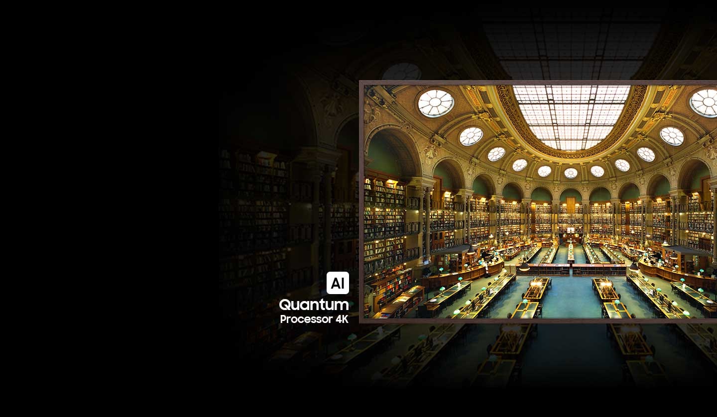 Une image de bibliothèque floue devient instantanément claire après le clignotement de la puce 4K du processeur quantique IA.