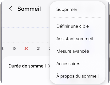 Téléphone Galaxy montrant un menu déroulant dans l'application Galaxy Wearable, avec l’option 'Mesure avancée' disponible.