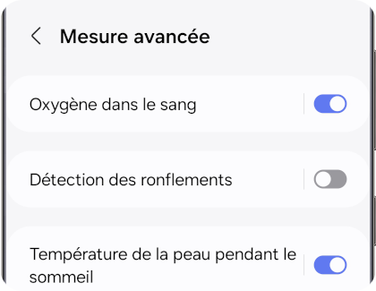 Écran du menu de mesure avancée du sommeil de l'application Galaxy Wearable.