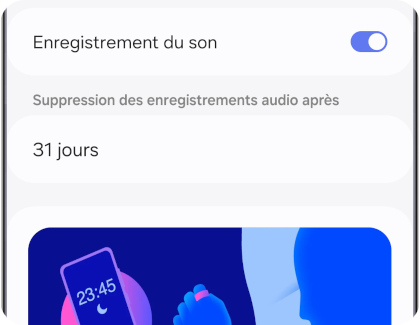 Téléphone Galaxy affichant l'option 'Enregistrement du son' activée dans les paramètres de détection des ronflements de l'application Galaxy Wearable.
