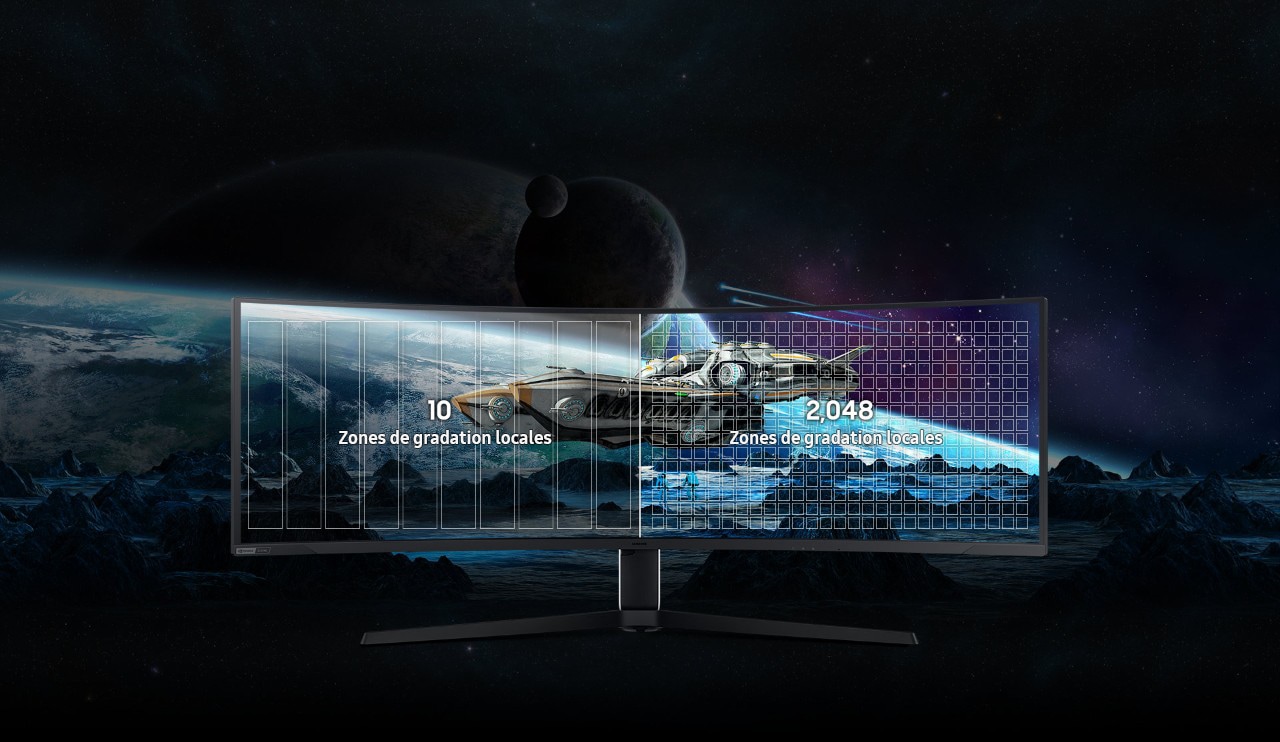 L’Odyssey Neo G9 est montré avec un vaisseau spatial sur son écran qui vole au-dessus d’une planète montagneuse. Derrière le vaisseau spatial se trouve une autre planète, qui s’étend au-delà de l’écran dans l’arrière-plan. L’écran se divise en deux. À gauche, les mots « 10 zones de gradation locales » apparaissent, tandis qu’à droite, les mots « 2 048 zones de gradation locales » sont affichés.