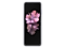 Le Galaxy Z Flip en miroir noir, ouvert qui montre le plein écran avec un fond d’écran de fleurs roses en éclosion pour montrer l’expérience plein écran.