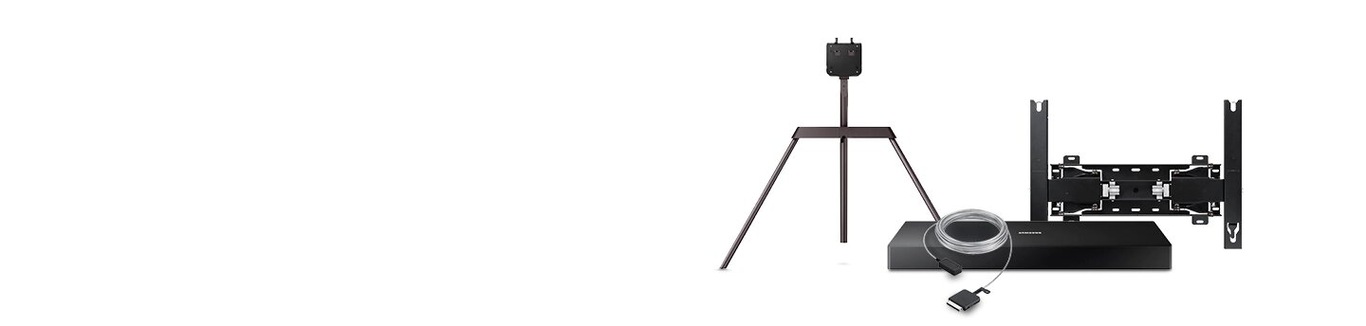 Accessoires pour téléviseurs de Samsung comme One Connect, un câble invisible, un support studio et une trousse de fixation murale.