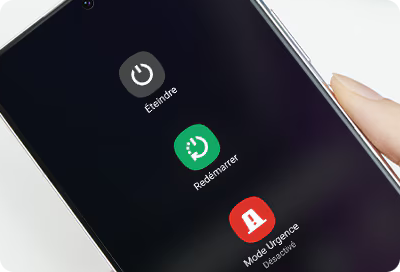 Écran d'un Samsung Galaxy affichant les options Éteindre, Redémarrer et Mode Urgence.