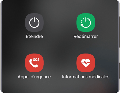 Menu d'extinction sur l’écran d’un Samsung Galaxy affichant les options Éteindre, Redémarrer, Appel d’urgence et Informations médicales.