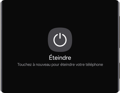 Écran de confirmation affichant un bouton Éteindre avec une note demandant de toucher à nouveau pour éteindre le Samsung Galaxy.