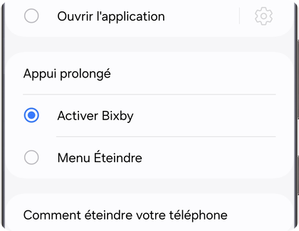 Menu des paramètres du bouton latéral sur un Samsung Galaxy.