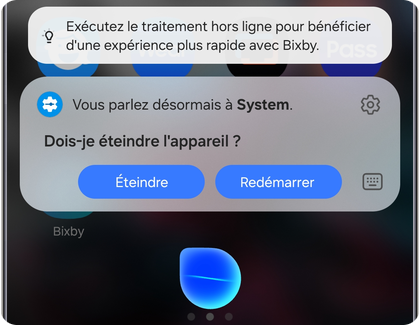 Écran de confirmation Bixby sur un Samsung Galaxy affichant les options Éteindre et Redémarrer.