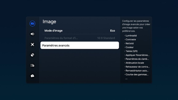 Écran de menu Image sur un téléviseur Samsung, montrant l’option Paramètres avancés sélectionnée.
