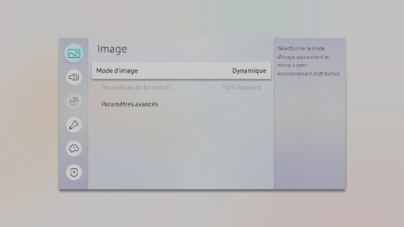 Capture d’écran du menu Image d’un téléviseur Samsung, montrant les options Mode d'image, Paramètres du format d’image, et Paramètres avancés.