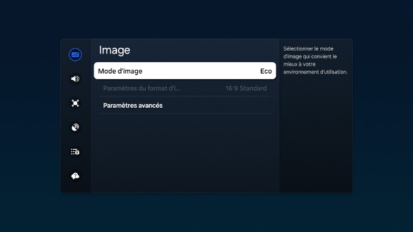 Capture d'écran du menu Image sur un téléviseur Samsung, affichant les options Mode d'image, Paramètres du format d’image et Paramètres avancés.