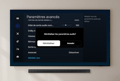 Écran de confirmation pour la réinitialisation des paramètres audio sur un téléviseur Samsung.