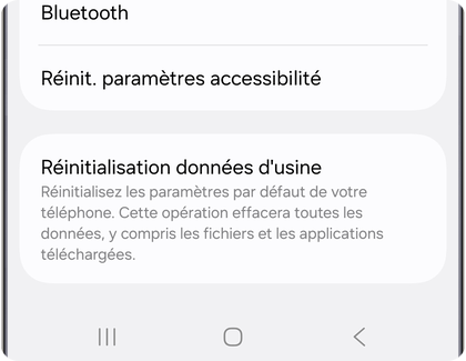 Menu de réinitialisation sur un téléphone Samsung Galaxy affichant l’option Réinitialisation données d’usine.