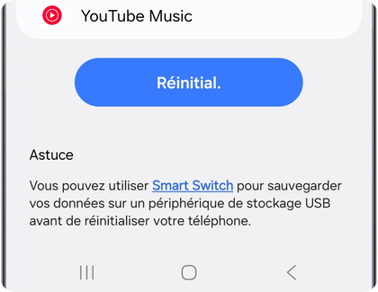 Menu de réinitialisation des données d’usine sur un téléphone Samsung Galaxy affichant l’option Réinitial.