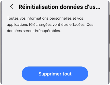 Menu de réinitialisation des données d’usine sur un téléphone Samsung Galaxy affichant l’option Supprimer tout.