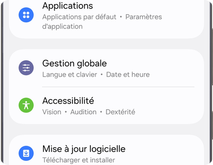 Menu des paramètres sur un téléphone Samsung Galaxy affichant l’option Gestion globale.