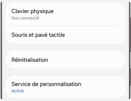 Menu de gestion globale sur un téléphone Samsung Galaxy affichant l’option Réinitialisation.