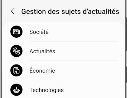 Un téléphone Samsung Galaxy affiche des sujets d'actualités de Samsung News.