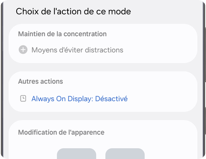 Paramètres du mode sommeil sur un téléphone Samsung Galaxy affichant les options de concentration, d’affichage et d’apparence.