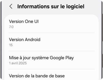 Écran d'informations sur le logiciel sur un téléphone Samsung Galaxy affichant les versions One UI, Android et Google Play.