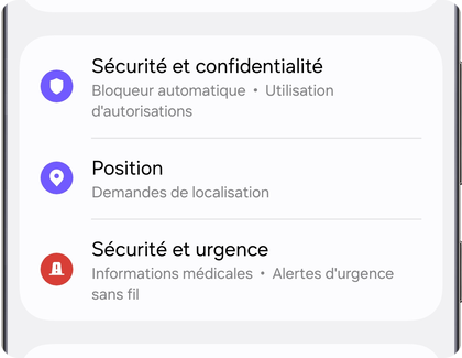 Menu des paramètres sur un téléphone Samsung Galaxy affichant l’option Sécurité et confidentialité.
