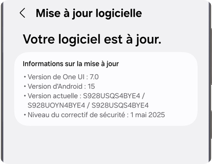 Écran indiquant que le logiciel est à jour sur un téléphone Samsung Galaxy, avec les versions One UI, Android et le correctif de sécurité.