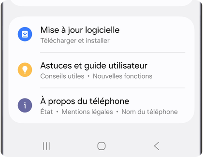 Menu des paramètres sur un téléphone Samsung Galaxy affichant l’option Mise à jour logicielle.