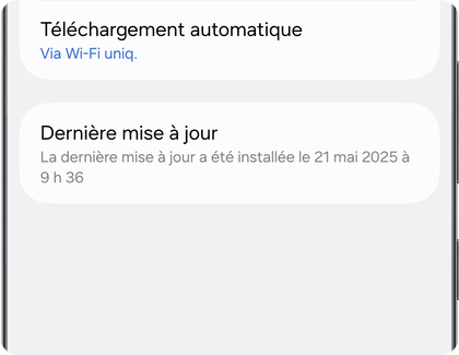 Menu de mise à jour logicielle sur un téléphone Samsung Galaxy affichant l’option Dernière mise à jour.