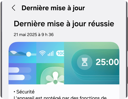 Écran de mise à jour logicielle sur un téléphone Samsung Galaxy indiquant que la dernière mise à jour a été réussie, avec la date, l’heure et un résumé des nouveautés.