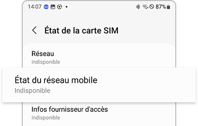 Indisponible affiché en dessous d’État du réseau mobile