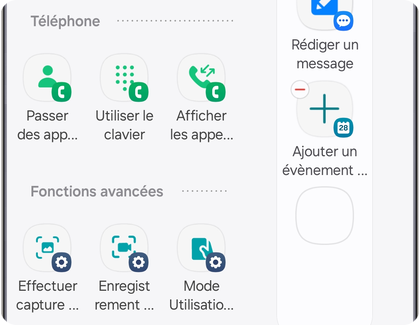 Écran du panneau Actions sur un Samsung Galaxy affichant divers raccourcis, y compris l'outil Effectuer capture écran pour une activation rapide.
