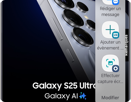Panneau latéral Actions ouvert sur un Samsung Galaxy avec l'option Effectuer capture écran mise en évidence.