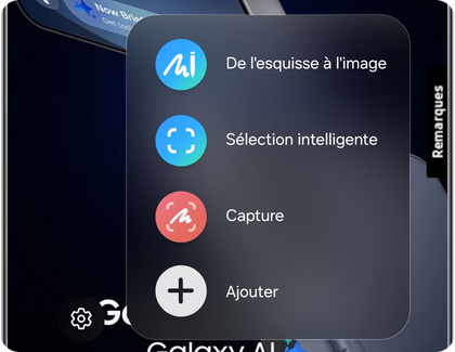Menu des commandes aériennes sur un téléphone Samsung Galaxy affichant différentes options, dont Capture.