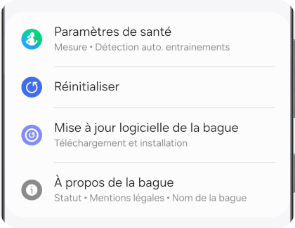 Téléphone Galaxy affichant l'application Galaxy Wearable et l'option « Paramètres de santé ».