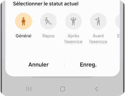 Téléphone Galaxy affichant l'écran de fréquence cardiaque dans l'application Galaxy Wearable, avec des icônes de statut actuel et une option pour enregistrer la mesure.
