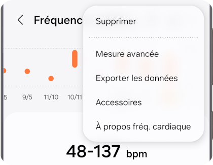 Téléphone Galaxy affichant l'écran de fréquence cardiaque dans l'application Galaxy Wearable, avec un menu déroulant.
