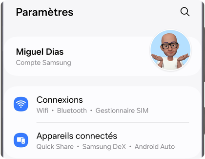 Écran du menu des paramètres sur un Samsung Galaxy montrant l'option Connexions.