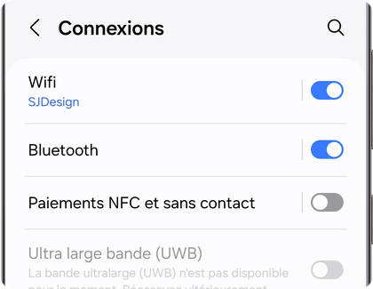 Écran du menu des connexions sur un Samsung Galaxy.