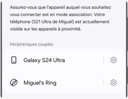 Écran Bluetooth montrant deux périphériques couplés avec un Samsung Galaxy.