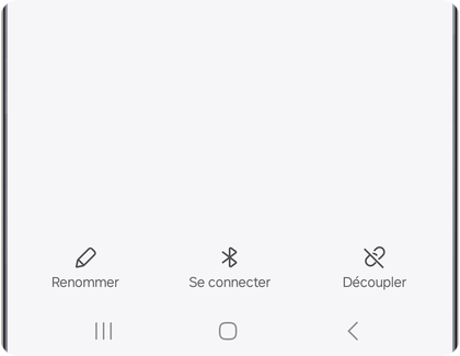 Écran d’un Samsung Galaxy affichant les options Bluetooth : Renommer, Se connecter et Découpler.